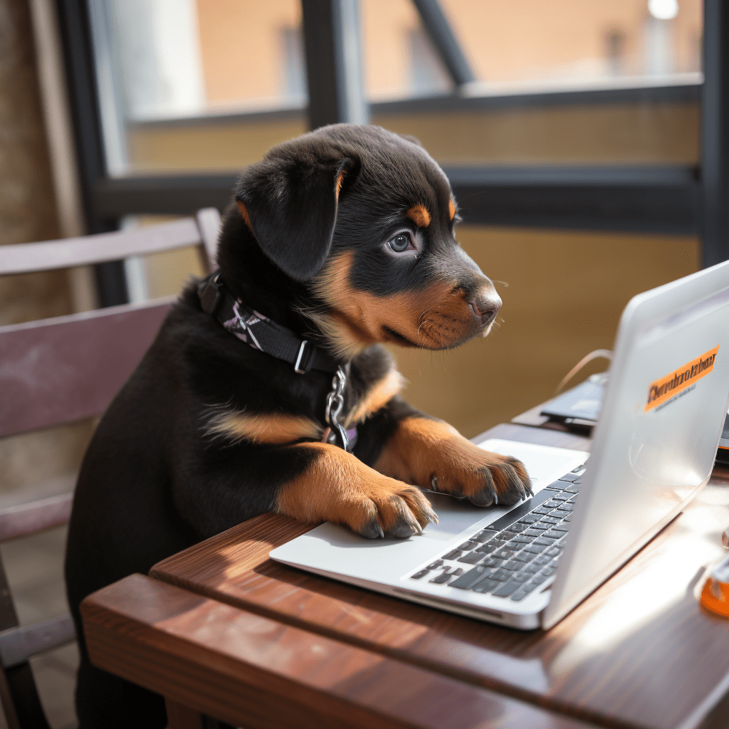 Web design services by Joanice. A cute Rottweiler Puppy designing a website